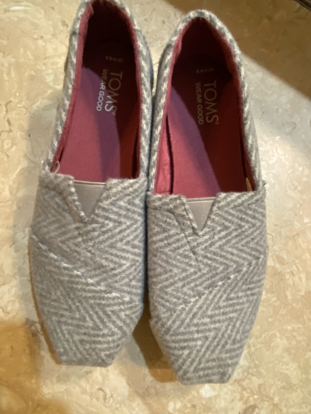 Toms Gray Herringbone Slip-On Flats with Pink Insole